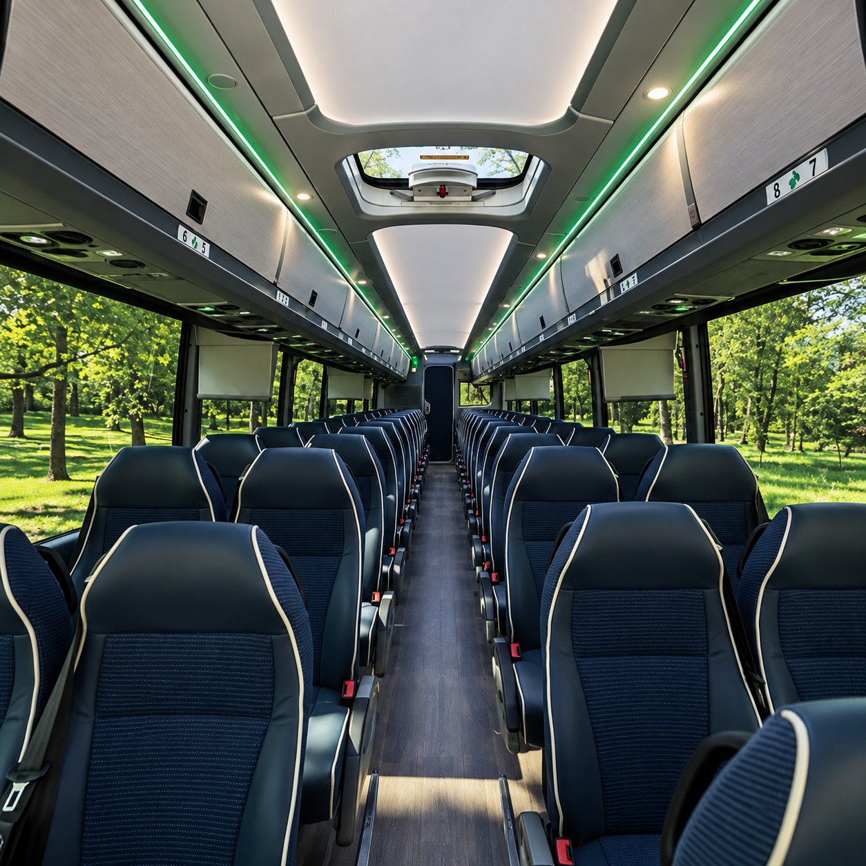 Passenger cabin with high-back coach seating and green accent lighting